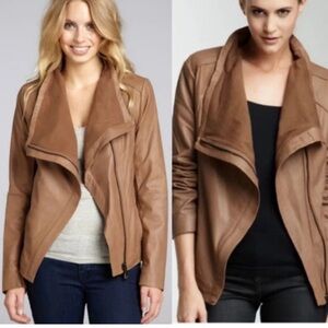 Tahari Lamb Leather Women Asymmetry  zipper Moto Jacket Camel S
